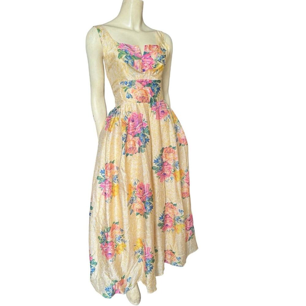 Archival Vintage 1950s Yellow Fit N Flare Floral Garden Ball Tea Gown Dress XS 2